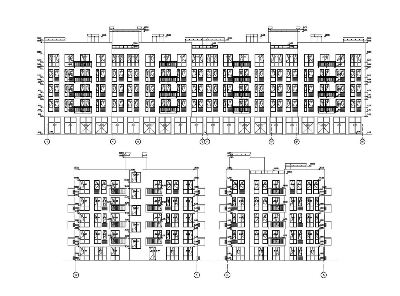 Multistory building facades, detailed architectural technical drawing, vector blueprint