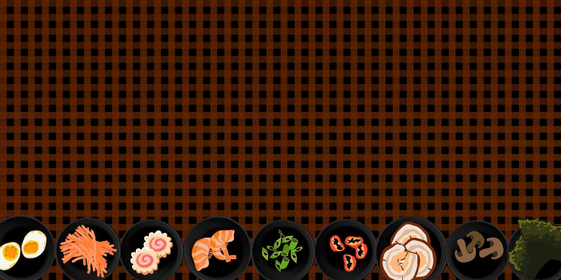 Flat lay vector background of asian food ingredients variety over checked tablecloth