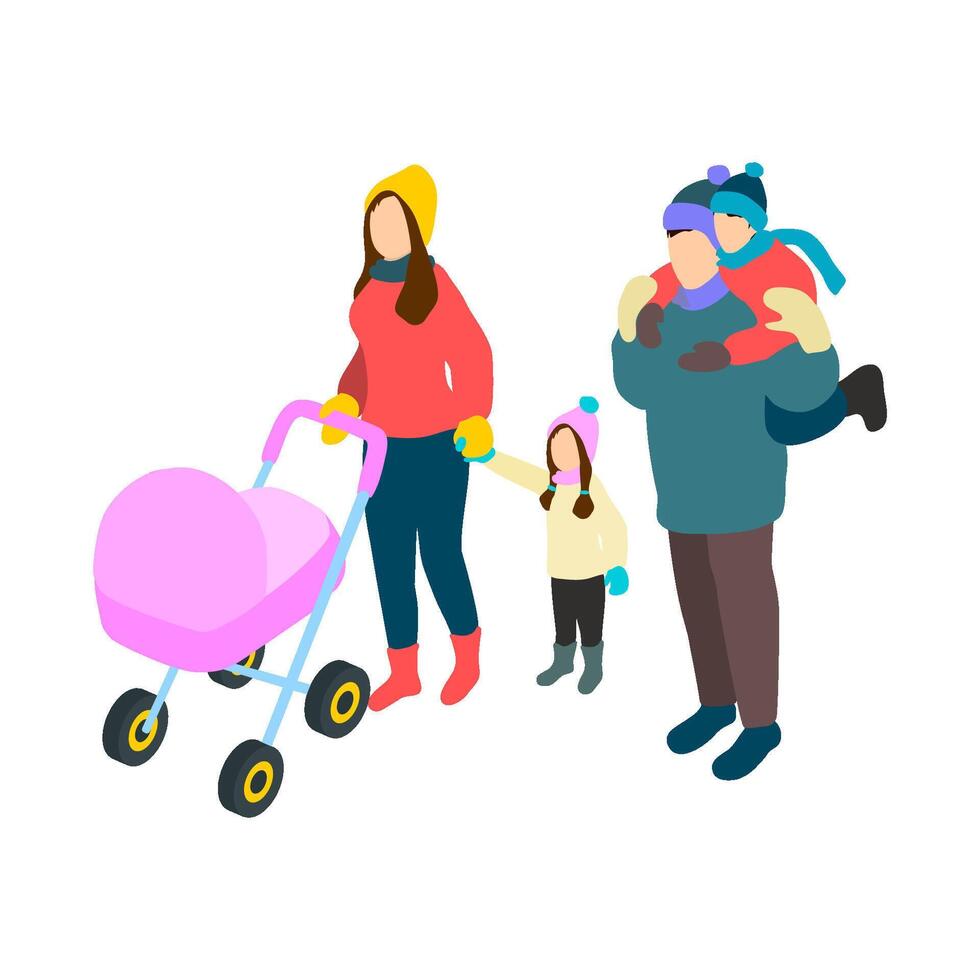 Vector isometric caucasian family with two children and a stroller in winter clothing outdoors