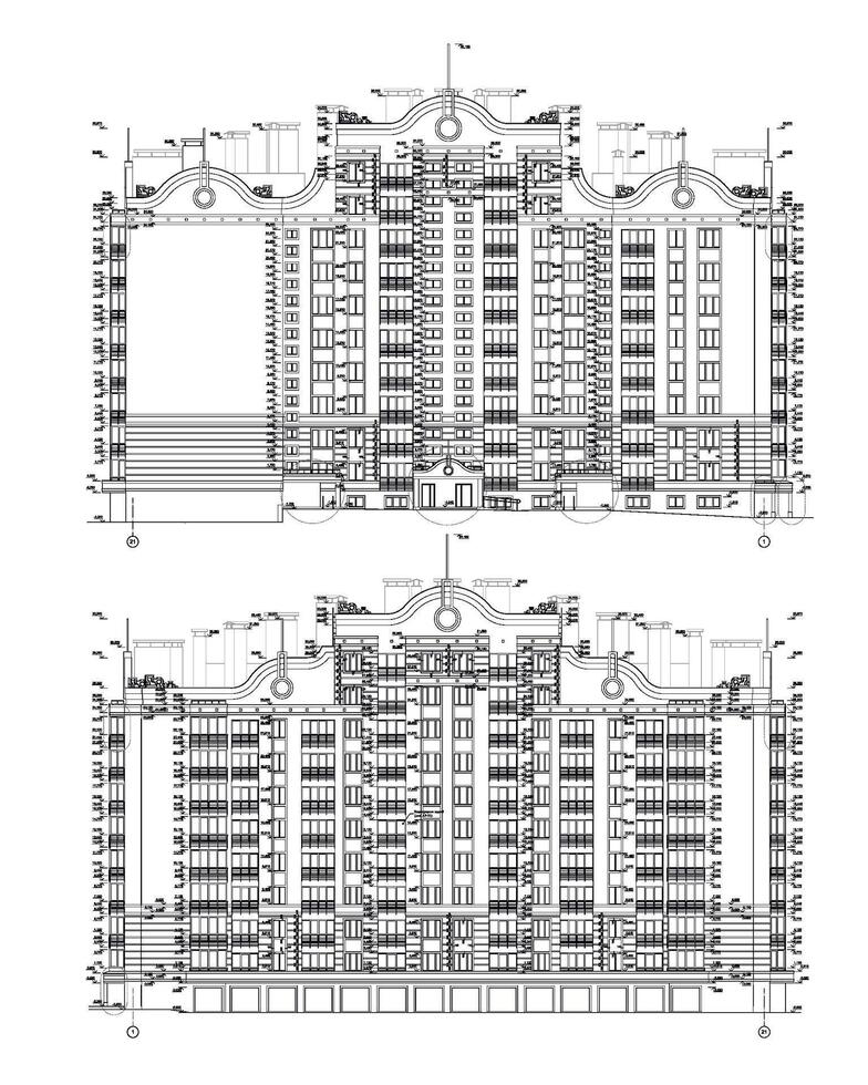 Multistory building facades, detailed architectural technical drawing, vector blueprint