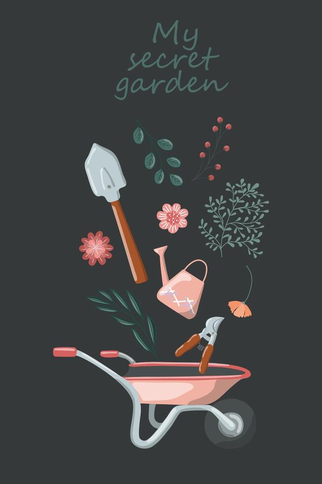 Garden tools and plants vector hand drawn design elements