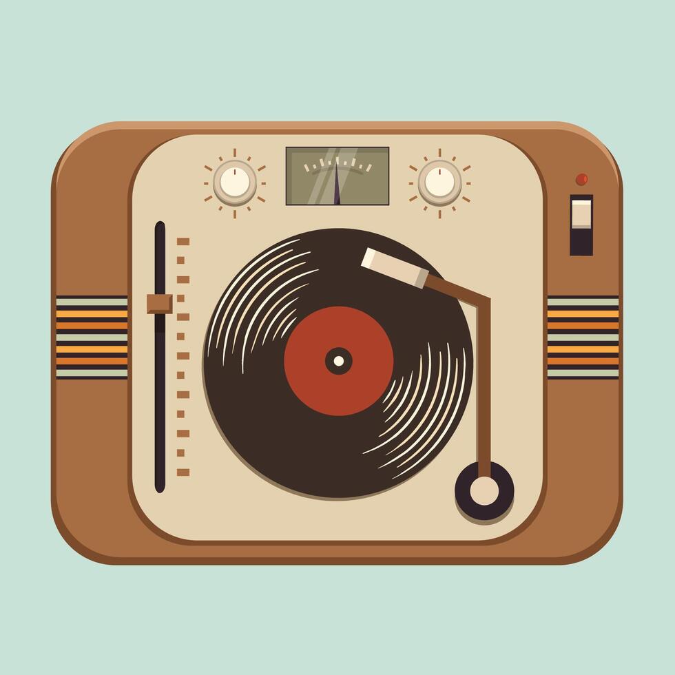 Old vintage gramophone player or a vinyl turntable, vector illustration, top view