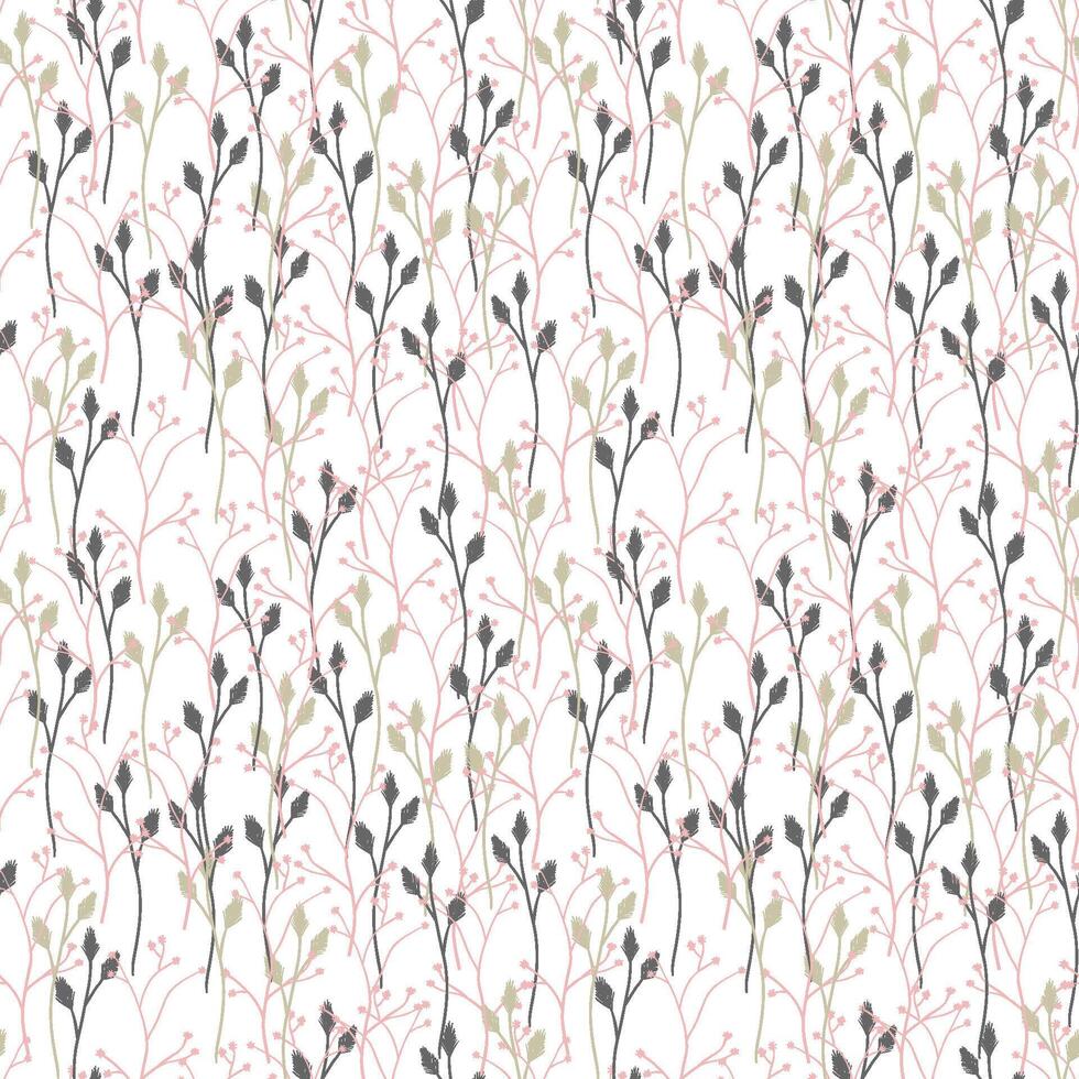 Vector seamless pattern with wild flowers, herbs and plants silhouettes.