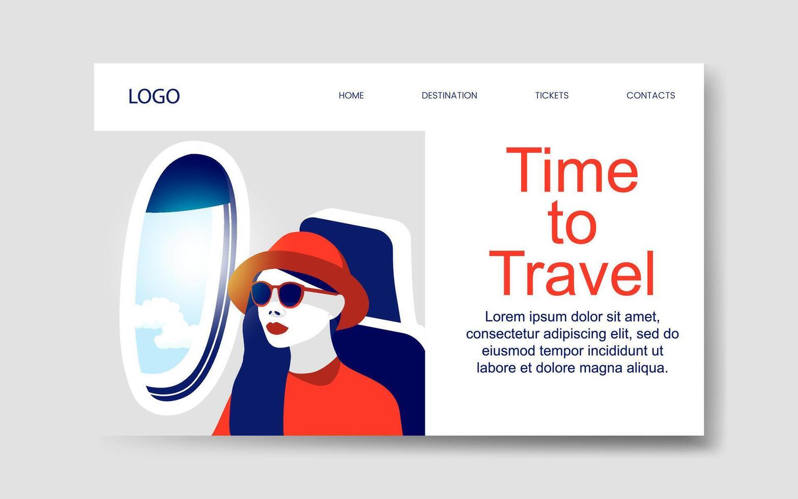 Time to travel, vector landing web page template with a young stylish woman looking through a plane porthole.