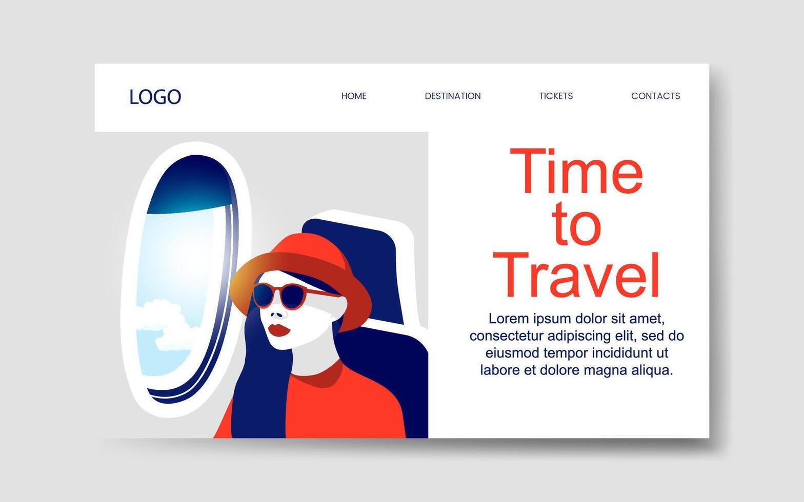 hora a viajar, vector aterrizaje web página modelo con un joven elegante mujer mirando mediante un avión porta.