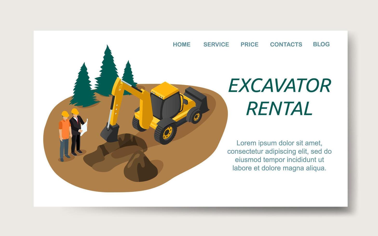 Excavator rental website landing page template vector