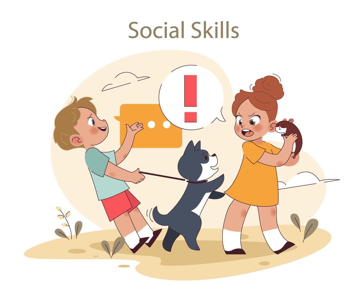Social Skills concept. Children with pets learn communication and boundaries vector
