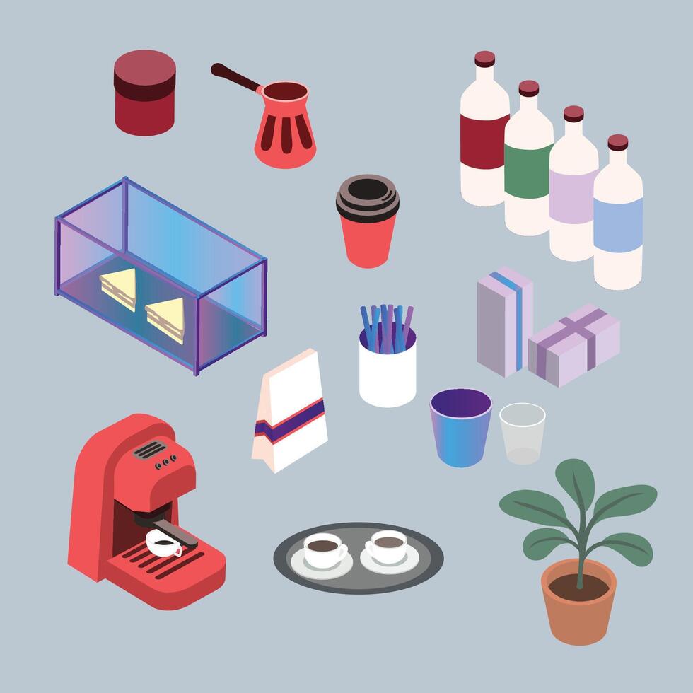 Set of various isometric kitchenware for a cafe, vector illustration