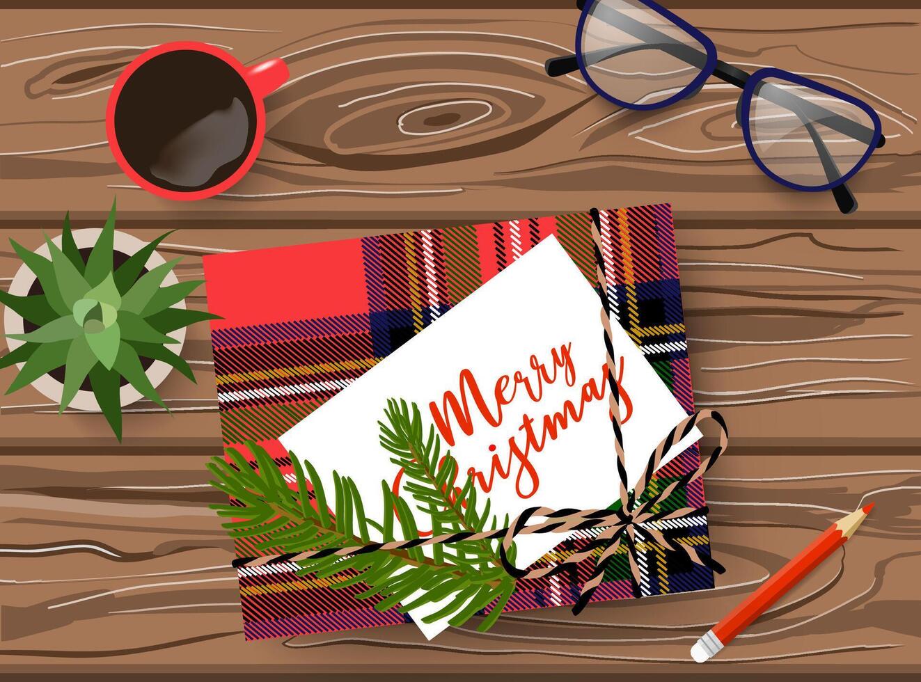 Festive Merry Christmas card with gift box on wooden table and greeting lettering. Vector flat lay top view