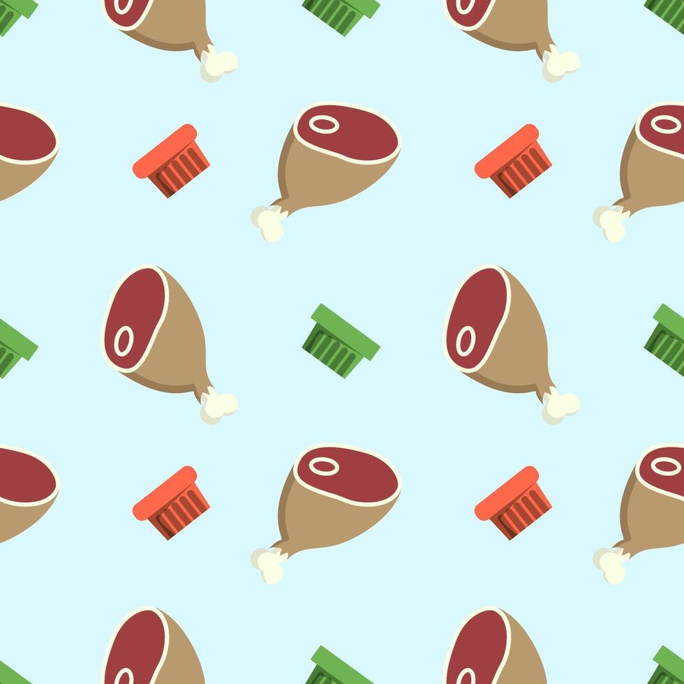 Seamless vector pattern of meat legs and falling pate or canned meat boxes