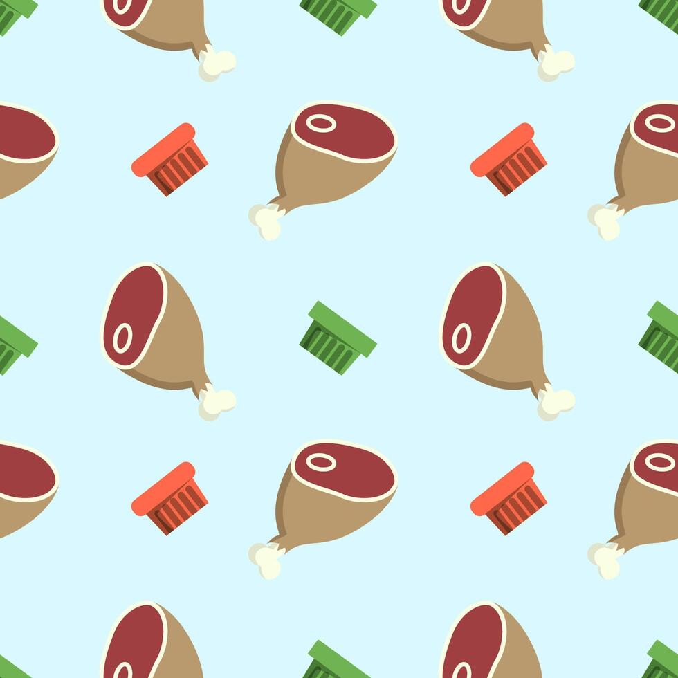 Seamless vector pattern of meat legs and falling pate or canned meat boxes