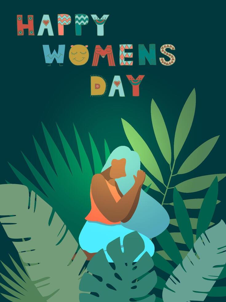 Happy womens day, vector card with hand drawn lettering, flat design