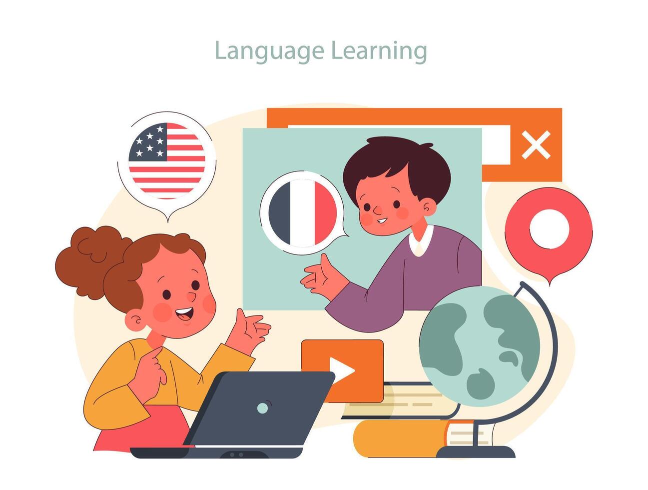 Children learn. Elementary school classes. Kids studying English and French. vector