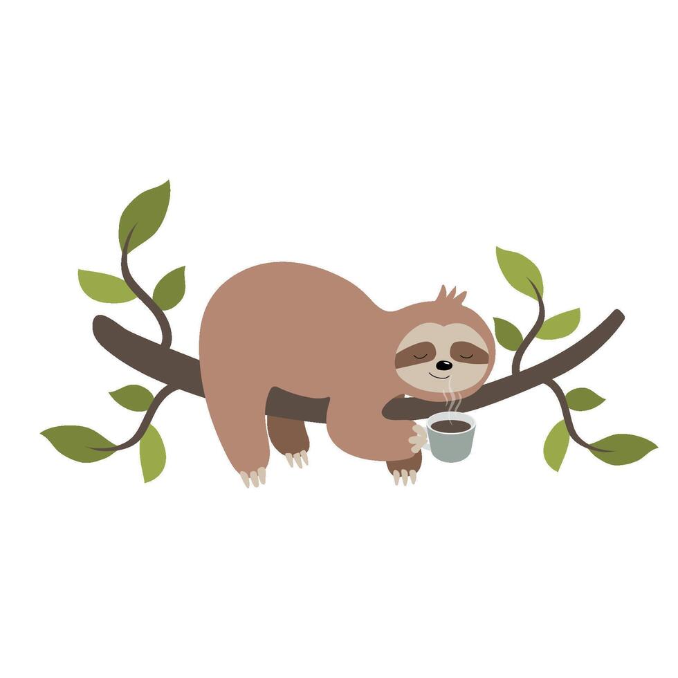 Vector hand drawn cute cartoon sloth on a tree branch smelling the coffee