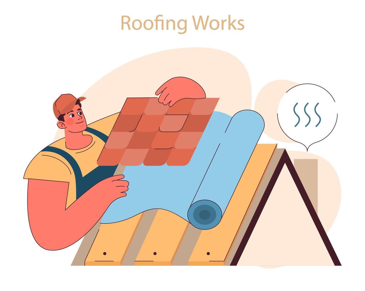 Roofing Works concept. Detailed illustration of a roofer installing tiles, vector