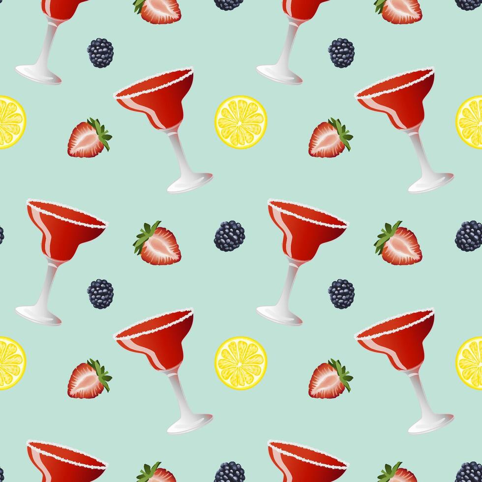 Hand drawn vector seamless pattern of strawberry Margarita alcohol cocktail with a citrus lemon slices and blackberries