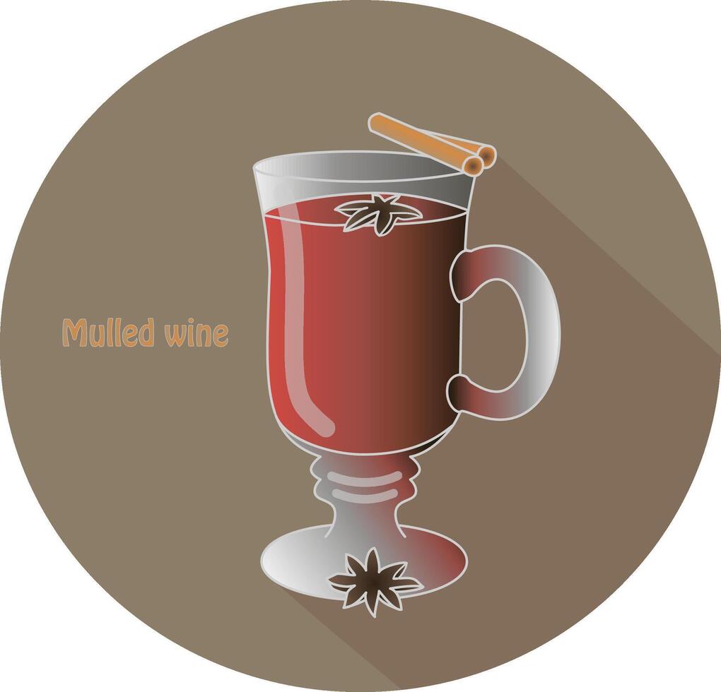 Hand drawn vector illustration of a mulled wine hot drink with two cinnamon sticks on top and star anise spices. In a brown circle with a shadow and text