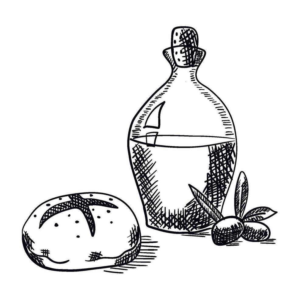 Hand drawn vector bottle of olive oil and a baked bread