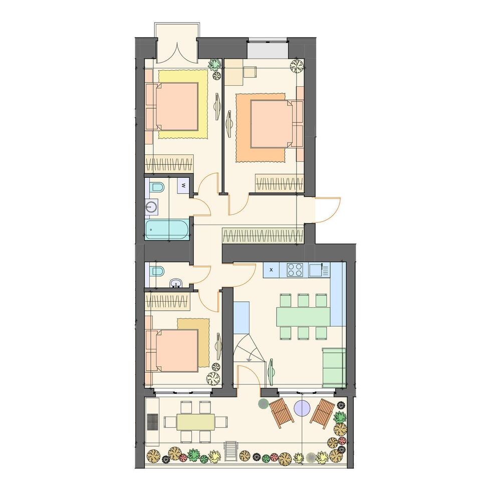 Three bedroom apartment with a big terrace plan layout, architectural background, top view vector