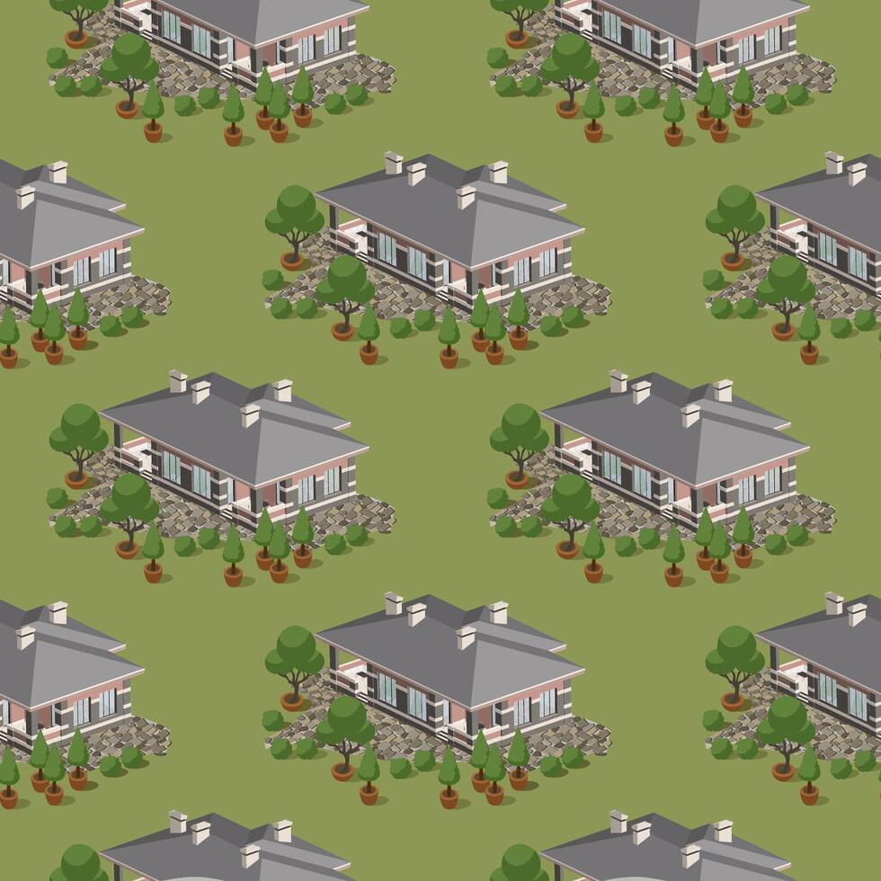 Vector seamless pattern of a private house. Isometric, aerial view