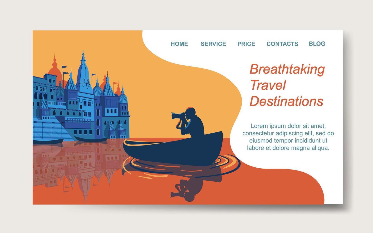 Breathtaking Travel destinations landing page. Varanasi Uttar Pradesh, India, Ganges river. Vector Illustration