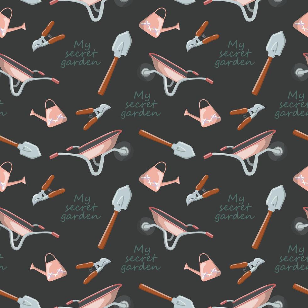 Seamless vector pattern of garden tools and plants hand drawn elements over black