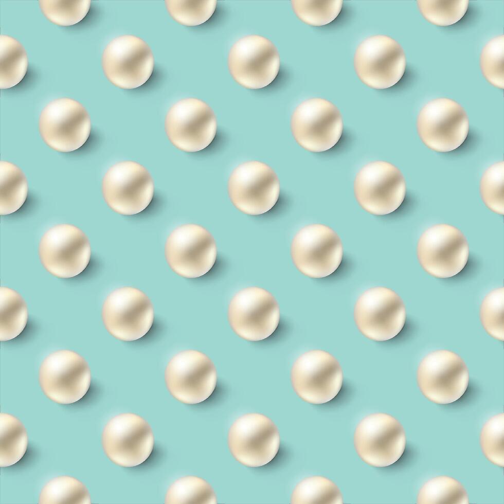 Realistic pearls over turquoise background. Vector seamless pattern