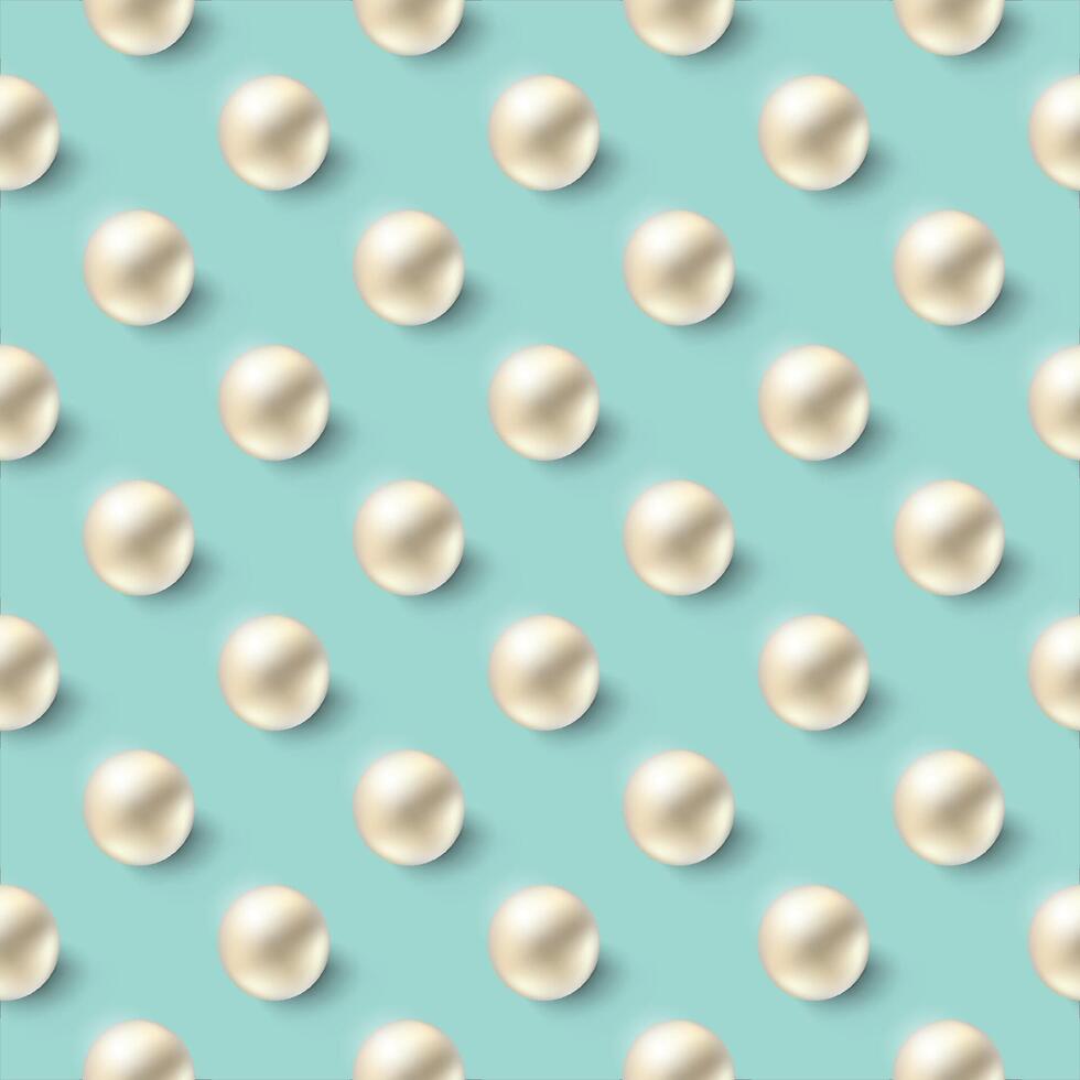 Realistic pearls over turquoise background. Vector seamless pattern