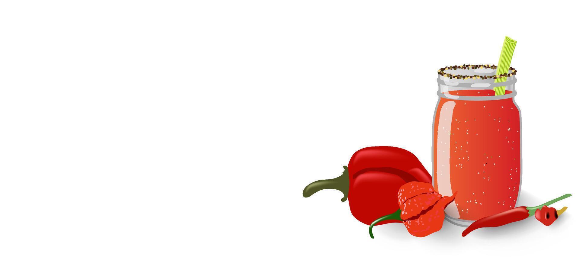 Hand drawn vector banner with mason glass jar with red spicy health smoothie and peppers, Copy space. Raw, vegan, vegetarian food concept.
