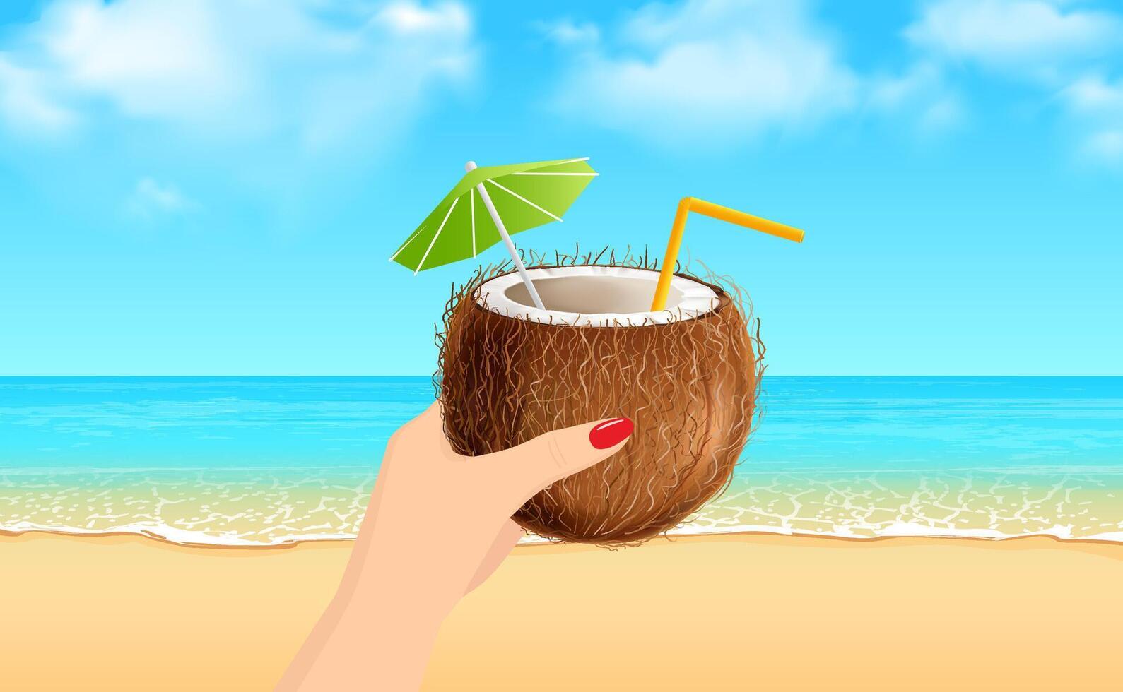 Vector illustration of a female hand raising a coconut drink at the seashore