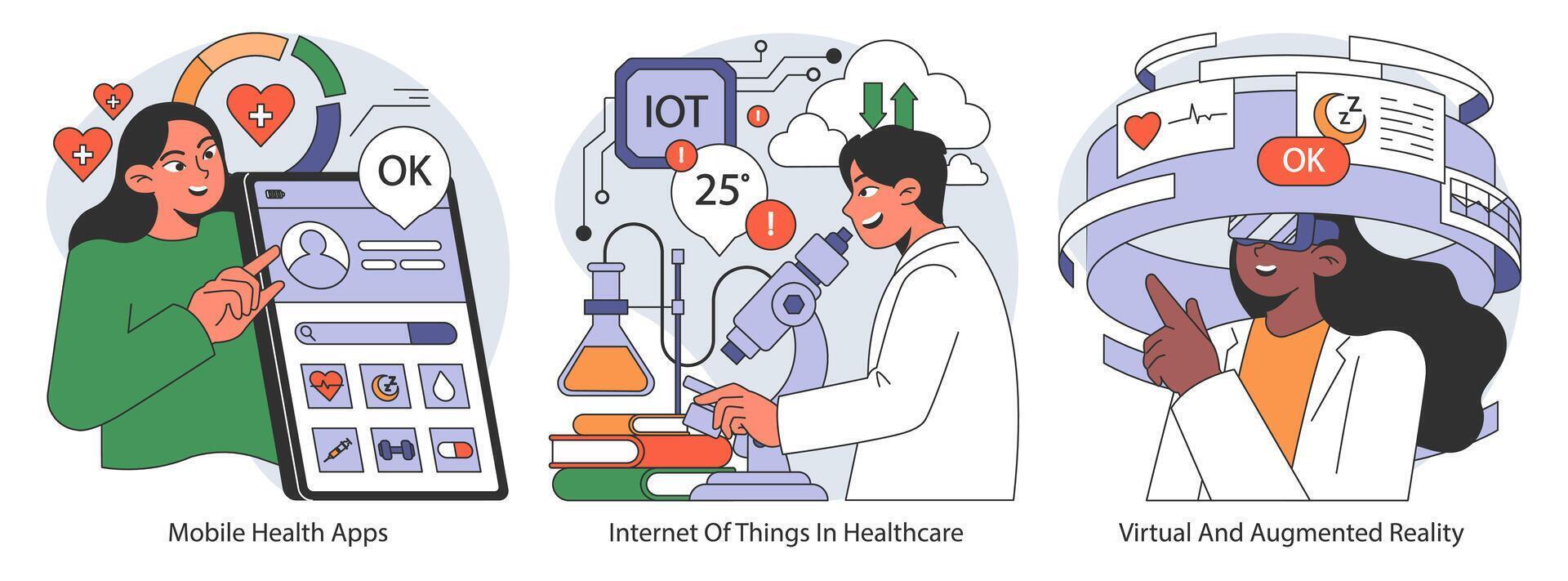 Digital healthcare set. Flat vector illustration.
