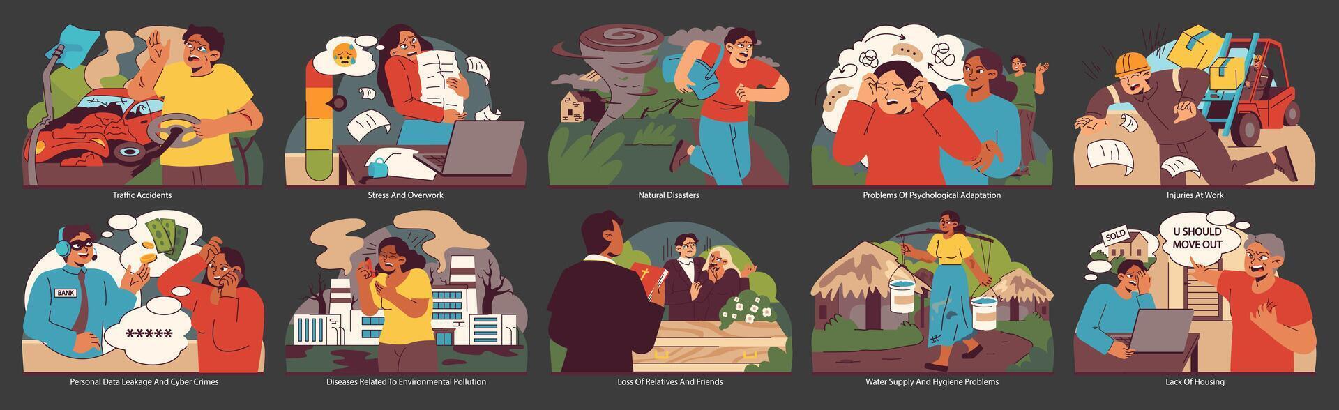 Social issues set. Flat vector illustration.