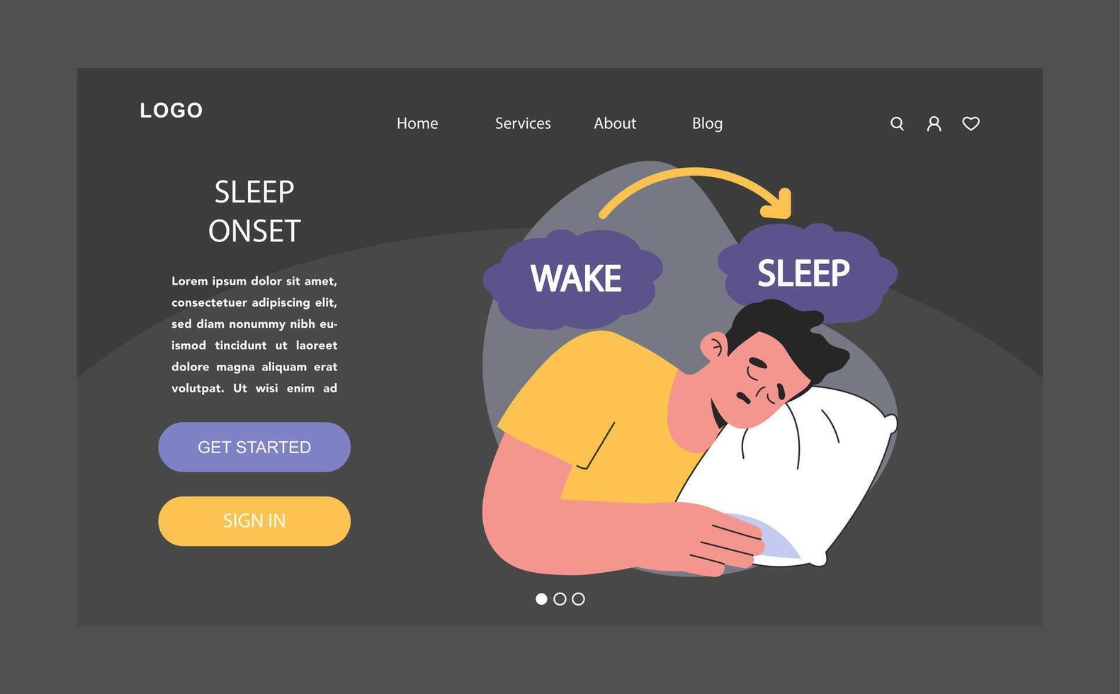 Sleep onset dark or night mode web, landing. Transition between wake vector