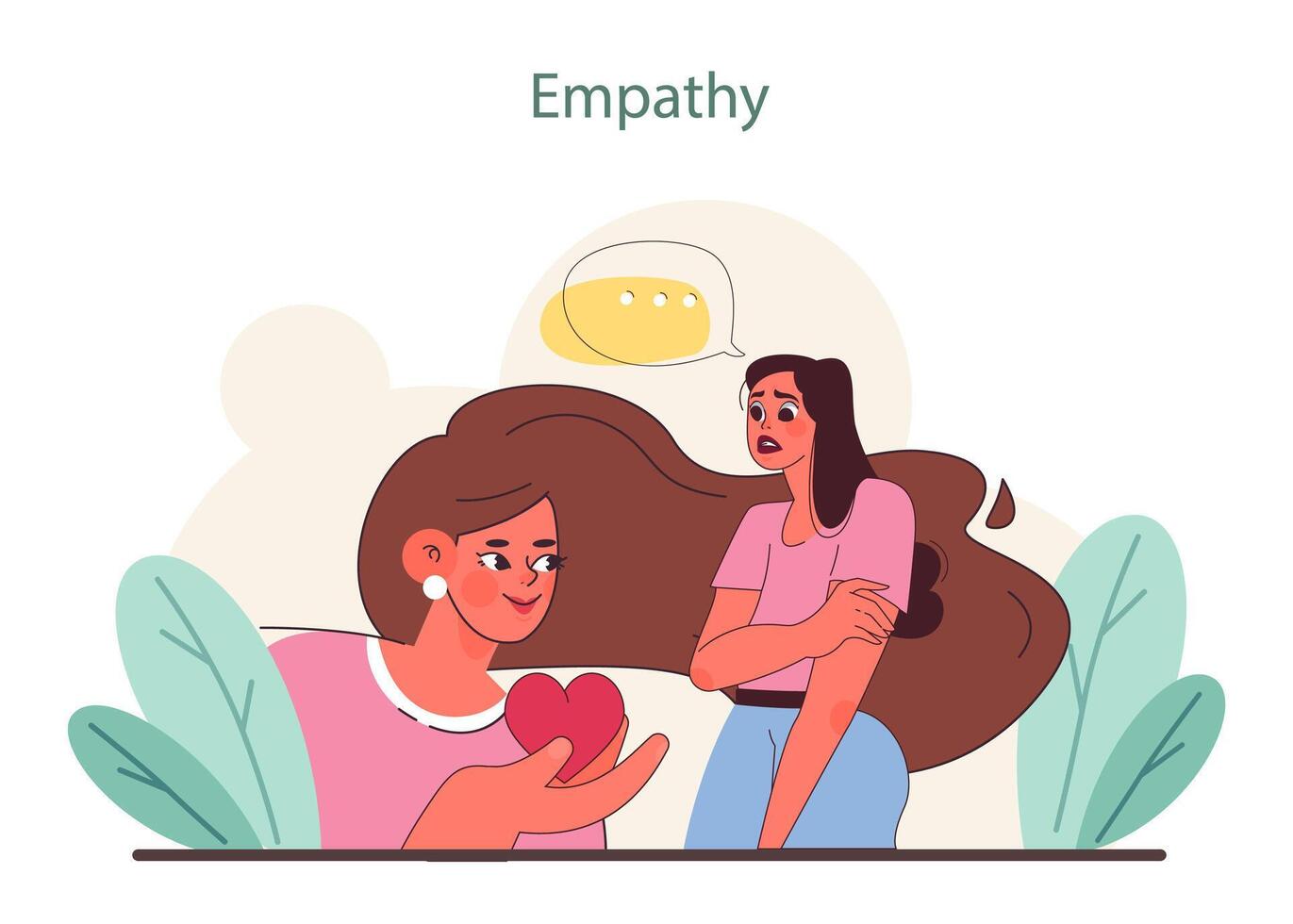 Empathy concept. One person offers a symbolic heart to another, depicting the sharing of emotions. vector