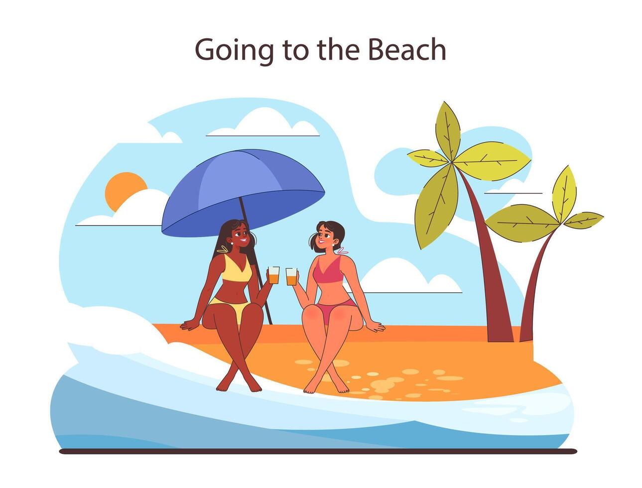yendo a el playa concepto. amigos compartiendo un soleado playa día debajo un sombrilla. vector
