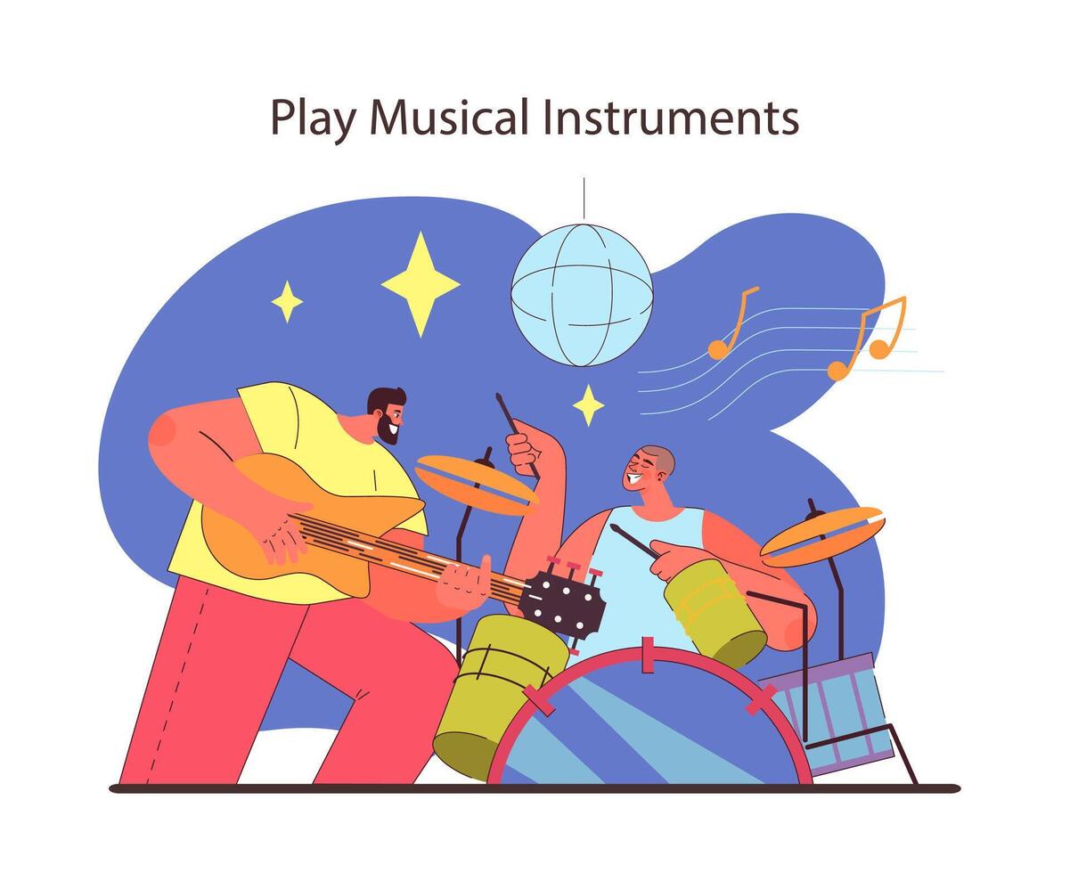 Music jam session concept. Energetic friends engage in creative expression. vector