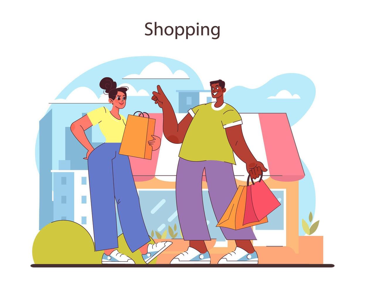 Shopping concept. Friends enjoying a day out in the city, with bags full of purchases. vector