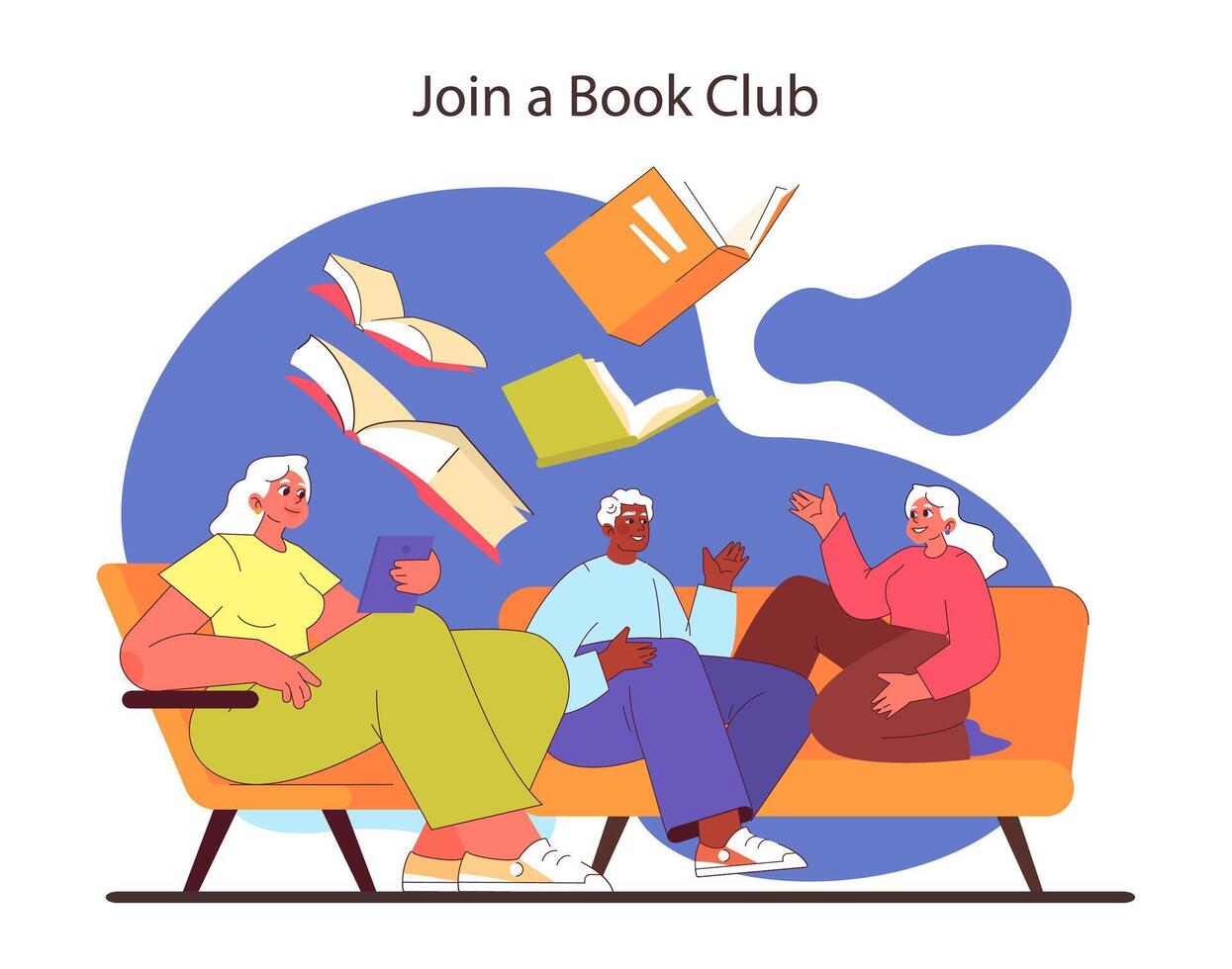 Book club gathering concept. Diverse group enjoys literary discussion. vector