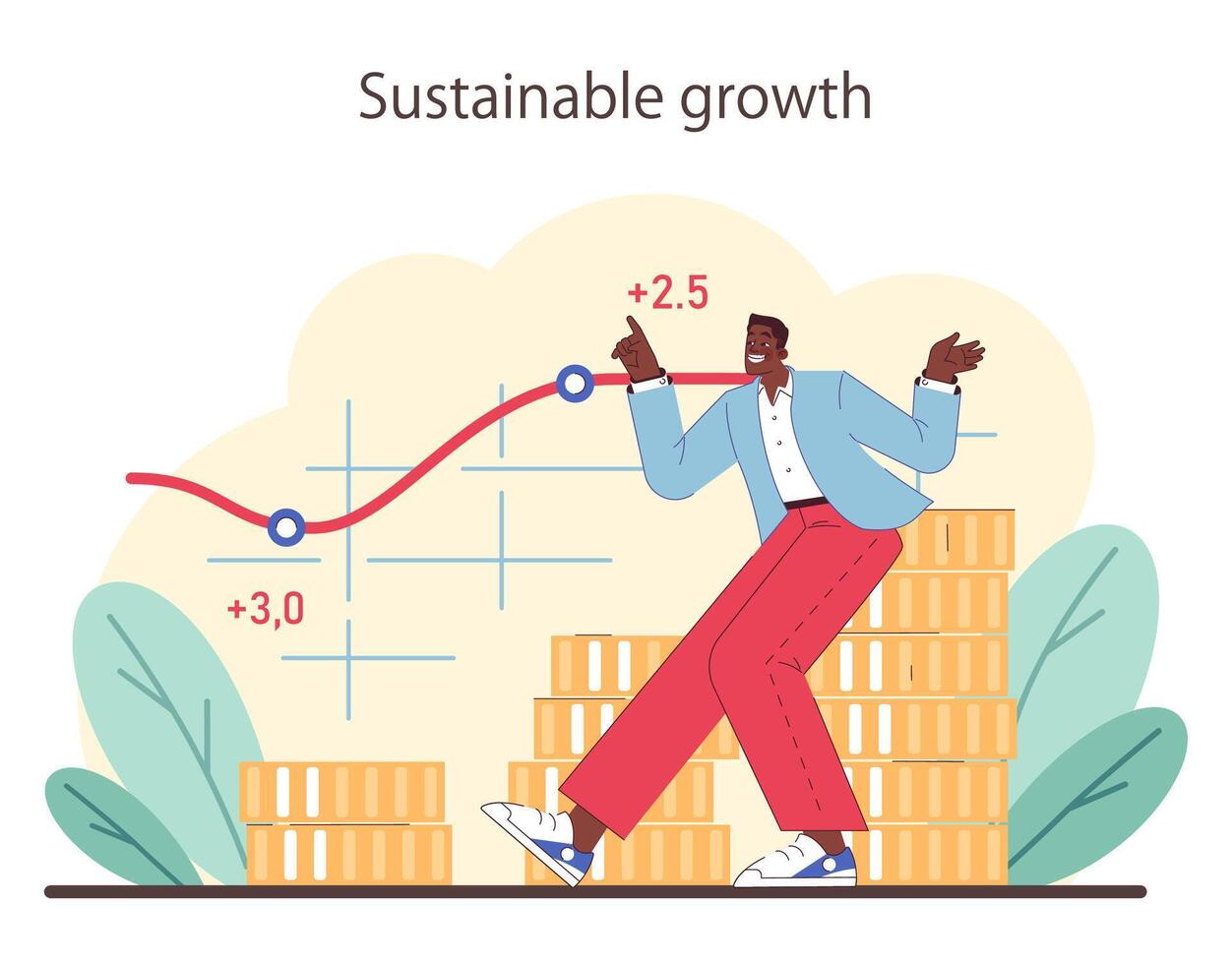 sostenible crecimiento concepto. entusiasta empresario zancadas con creciente monedas y positivo grafico curva. vector