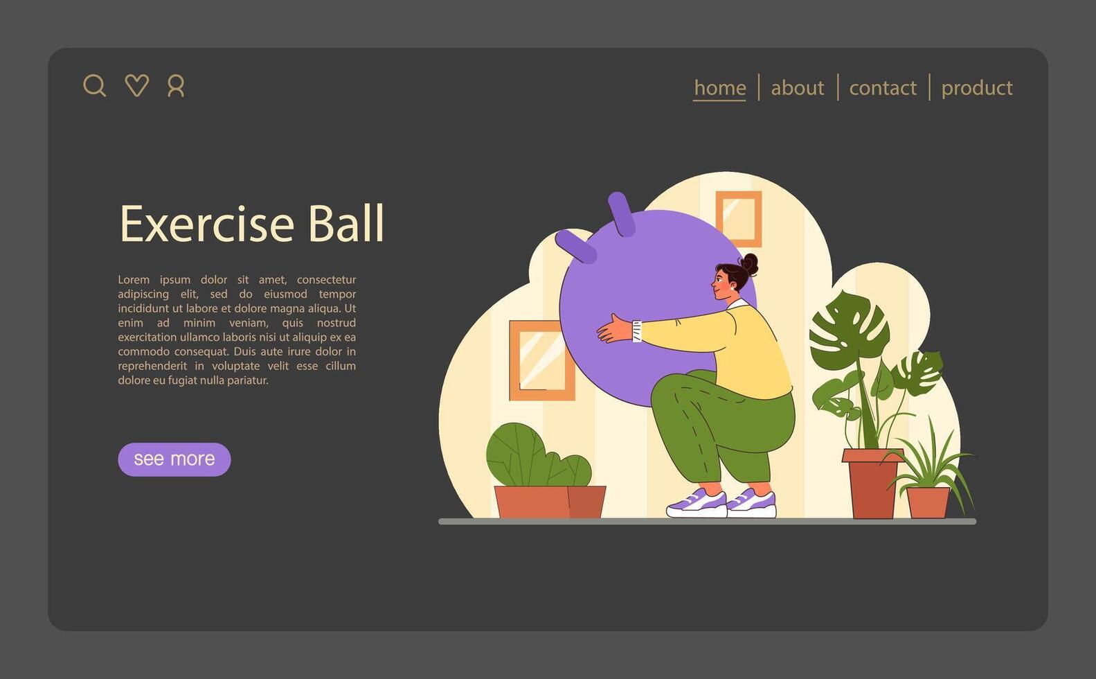 ejercicio pelota ilustración. un mujer en casual rutina de ejercicio atuendo usos un ejercicio pelota a hogar. vector