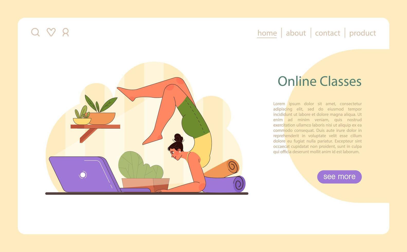 en línea hogar ejercicio. un enfocado mujer participa en un virtual yoga sesión. vector