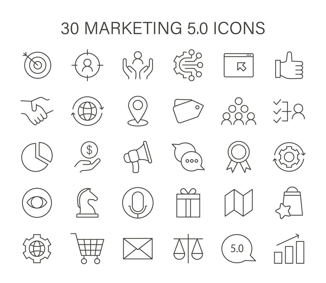 Marketing 5.0 icon set. Essential visual elements representing advanced digital marketing vector