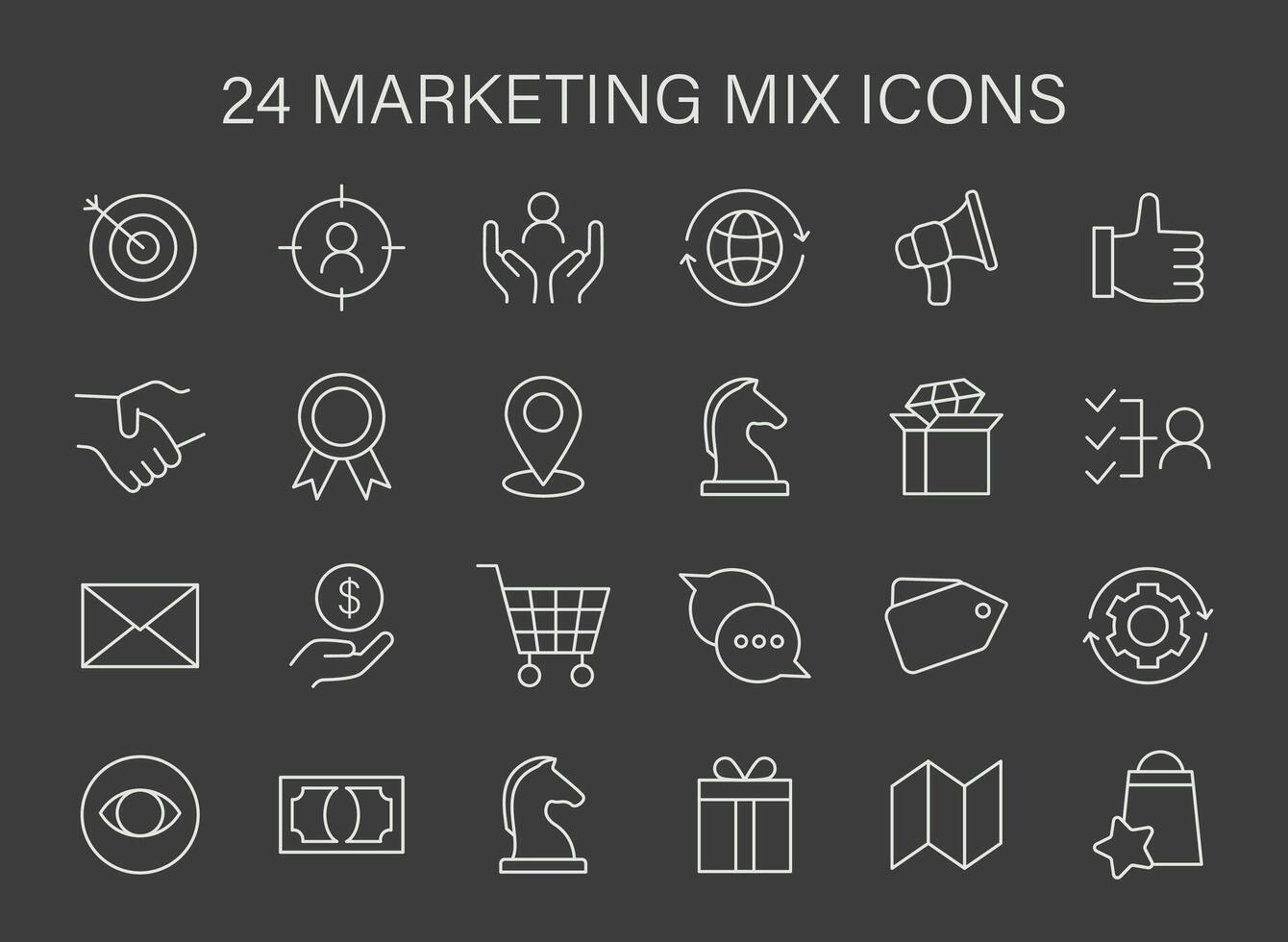 márketing mezcla icono colocar. símbolos representar estratégico componentes me gusta apuntando, global alcanzar, y cliente servicio. vector