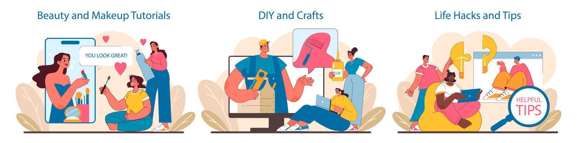 Social Media Content set. Inspiration for self-care, crafty projects, and everyday efficiency. vector