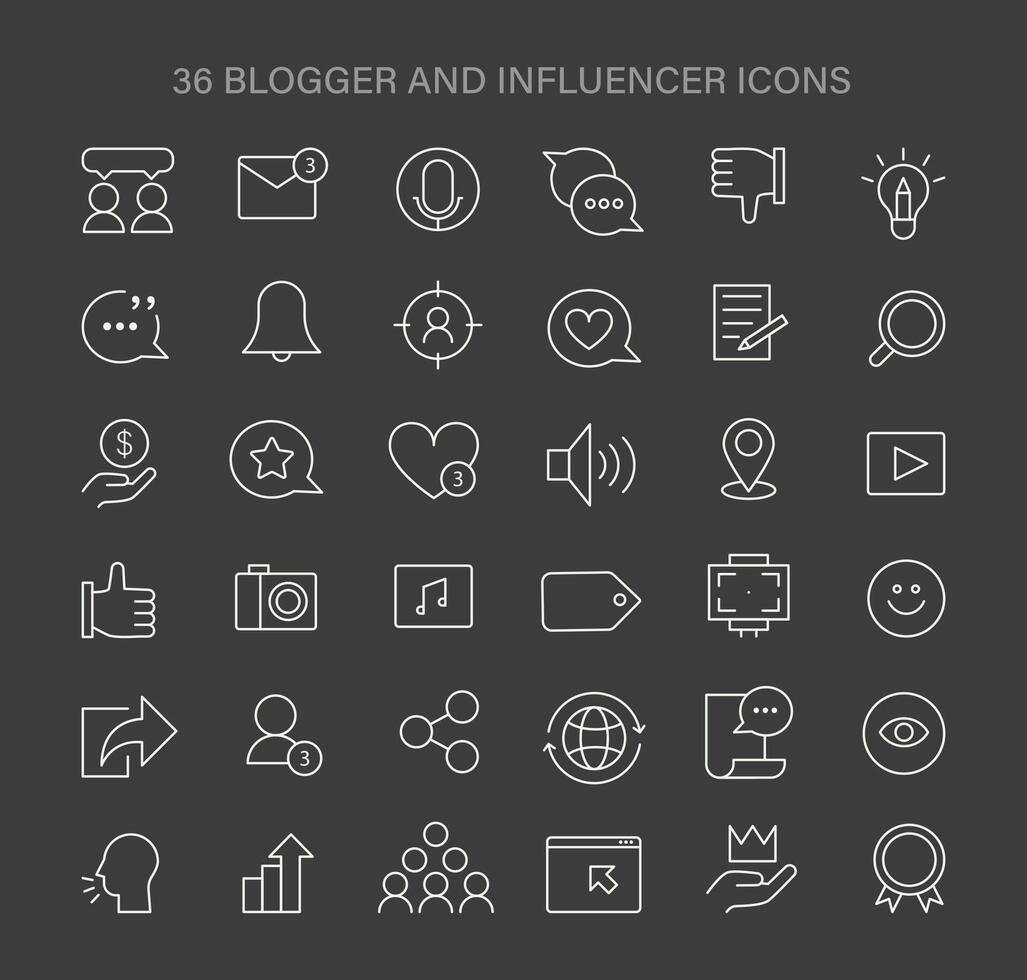 Blogger and Influencer icons set. Versatile icons for content creation, audience engagement, and personal branding. vector