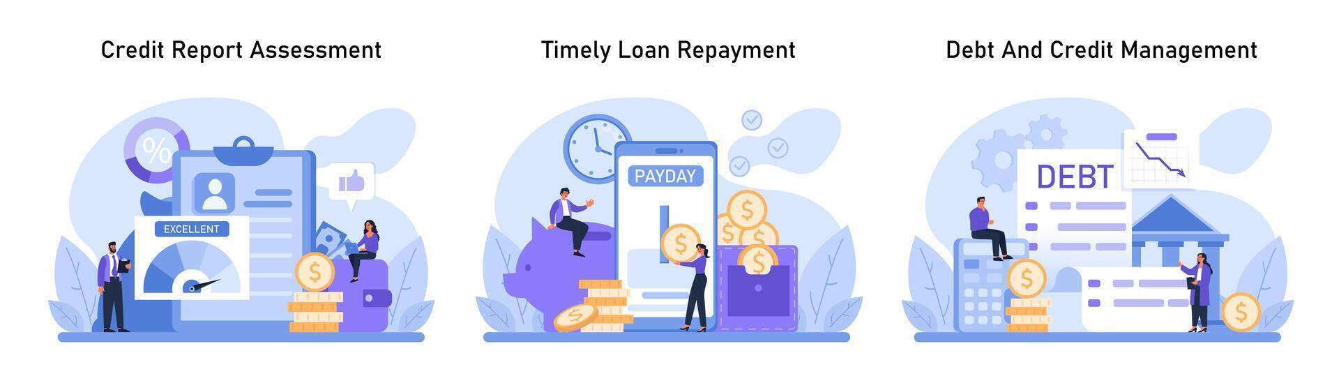 Mastering creditworthiness with diligent credit report assessment, ensuring timely loan repayments, and strategic debt and credit management vector