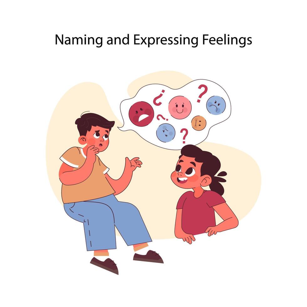 Naming and expressing feelings concept. Concerned boy discusses vector