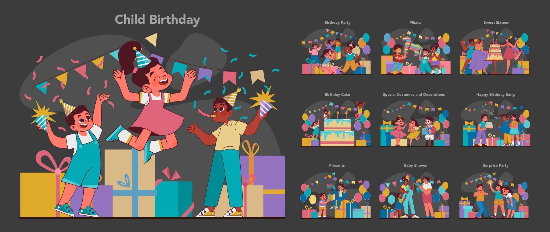 niño cumpleaños colocar. plano vector ilustración