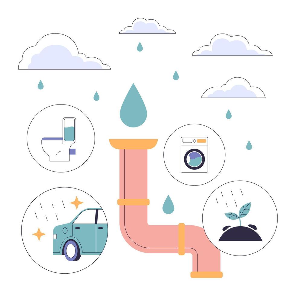 Rainwater harvesting. Sustainable practice of urban water preservation vector