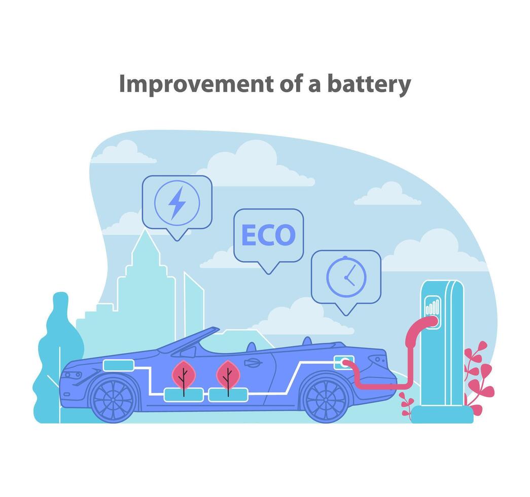 avanzando eléctrico coche tecnología. enfocado en batería mejoras para mejorado actuación. vector